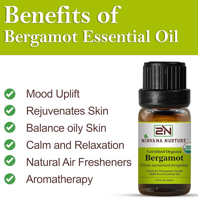 Bergamot Essential Oil, USDA Certified Organic, 100% Pure Undiluted, Aromatherapy Oil for Diffuser, Hair & Skin Care
