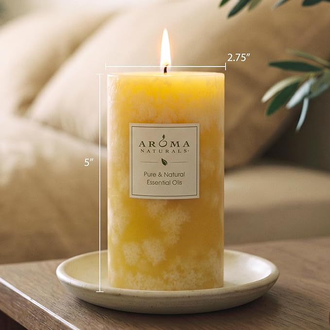 Aroma Naturals Orange and Lemongrass Essential Oil Scented Pillar Candle, Ambiance, 2.75 inch x 5 inch, Yellow