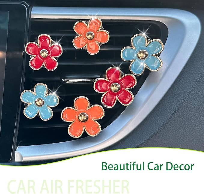 ORIESSE 6pcs Flower Air Vent Clips Car Air Freshener,Red Orange Blue Daisy Flowers Vent Clip Car Accessories for Women,Girly Car Decor Refillable Car Diffuser