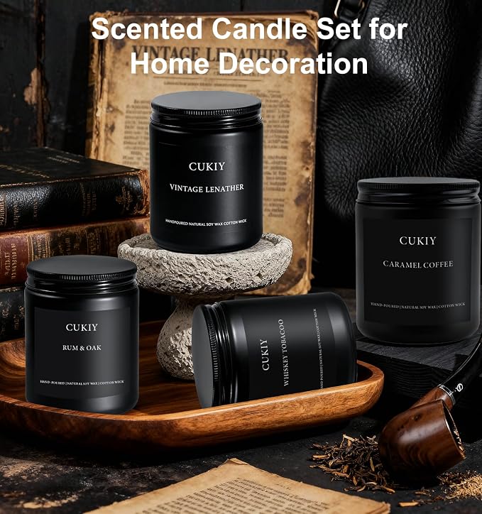 Scented Candle Gift Set, 4 Pack 25oz Soy Wax Candles, Long Lasting Aromatherapy Candles for Home Fragrance, Ideal Gift for Women and Men – Vintage Leather, Caramel Coffee, Rum Oak, Whiskey Tobacco