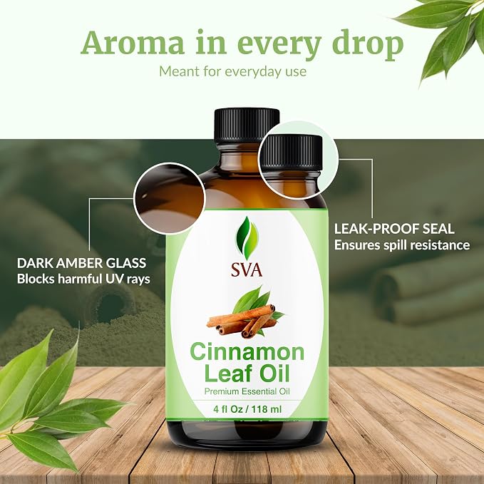 SVA Cinnamon Leaf Essential Oil 4 Fl Oz – for Diffuser, Skin & Hair Care – Ideal for Massage & DIY Blends – with Dropper