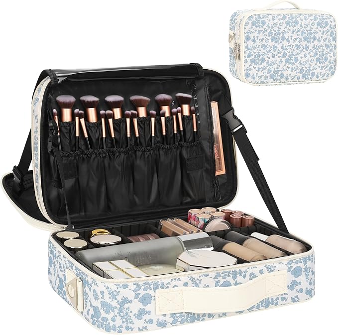 Relavel Makeup Bag Travel Train Case for Women and Girls, Cute Cosmetic Storage Organizer Box Portable Shoulder Bag with Adjustable Dividers and Makeup Brush Comparment, Floral Print