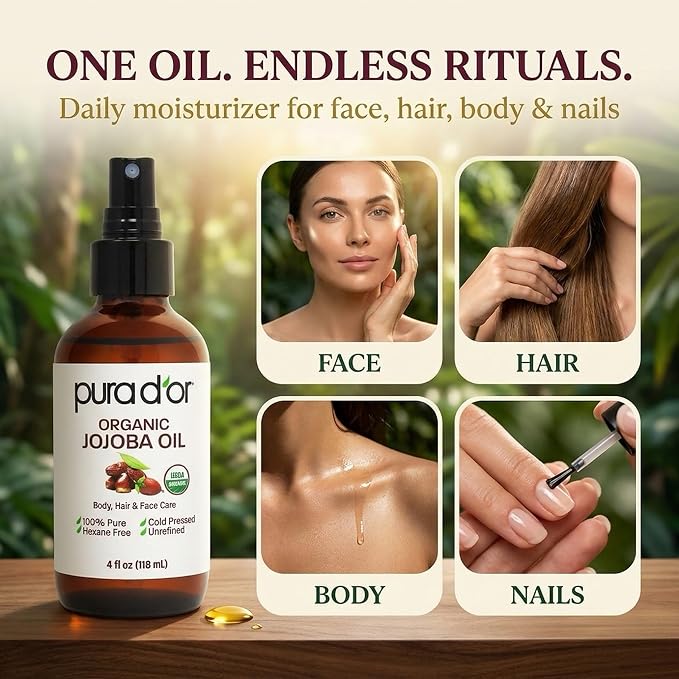PURA D'OR Organic Jojoba Oil - USDA Certified - 100% Pure & Natural Moisturizer - Cold Pressed, Unrefined, Hexane Free, Skin Care, Hair, Body, Face & Nails, DYI Carrier Oil 4 Oz - Hair Regrowth Tonic