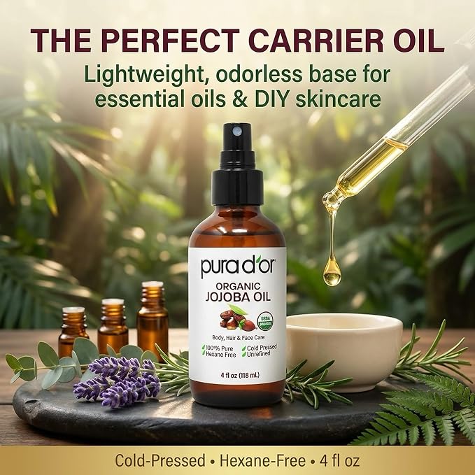 PURA D'OR Organic Jojoba Oil - USDA Certified - 100% Pure & Natural Moisturizer - Cold Pressed, Unrefined, Hexane Free, Skin Care, Hair, Body, Face & Nails, DYI Carrier Oil 4 Oz - Hair Regrowth Tonic