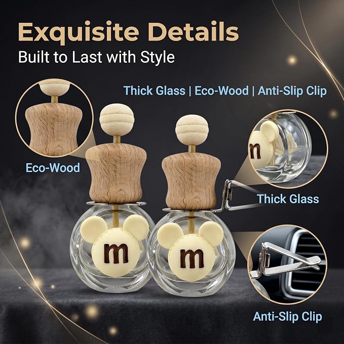 2 Pack Bear Car Vent Clip Diffuser Refillable Glass Bottle | Wood cap glass bottle with dropper, DIY essential oil freshener for car wardrobe bathroom home