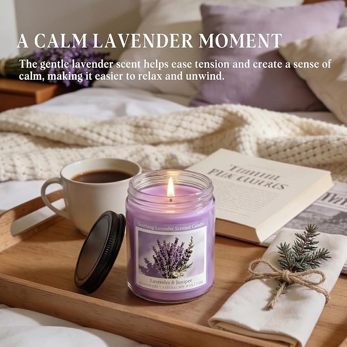 Homsolver Soothing Lavender Scented Candle, Natural Soy Candles with 50+ Hour Burn, Soft Juniper Lavender Fragrance Gift for Women, Men Friends, Everyday Use, Comfortable Spaces (Boutique Gifts Size)