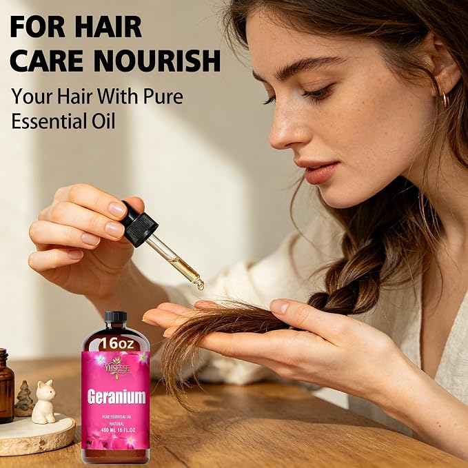 Geranium Essential Oil, Geranium Oil 16 Fl Oz 480ml for Diffuser Yoga Soap & Candle Making – with 0.33 Oz Roller Ball & Funnel YHSESSE Essential Oils