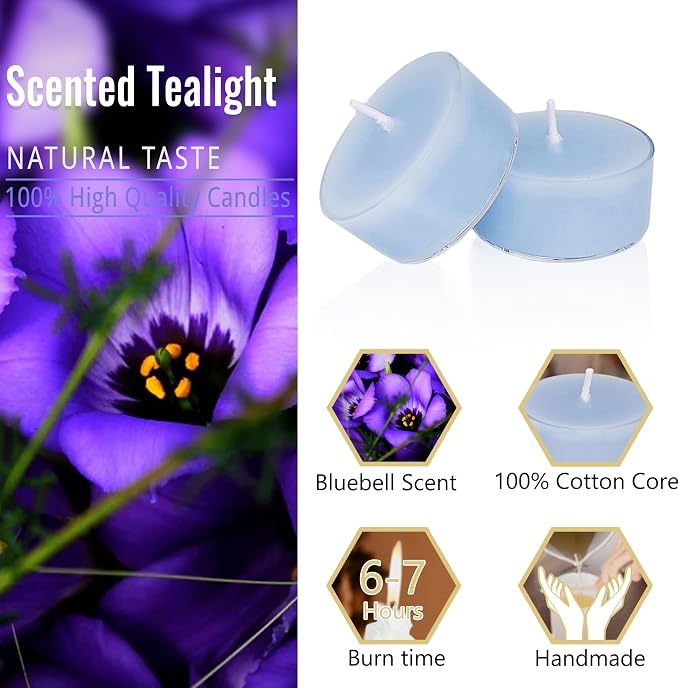 Blue Tea Lights Set of 24, Handmade Tealight Candles with Bluebell Scent, Long Burning Tea Candles, Tealights for Wedding Party Home Spa Decor Gift