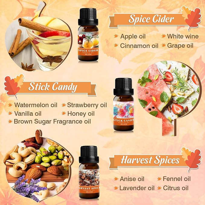 Autumn Essential Oils for Diffuser for Home, Aromatherapy Oils Diffusers Scents for Humidifier, Soap & Candle Making, Pumpkin Spice, Harvest Spices and Vanilla Fragrance Oils Set for Gifts(6×10ml)