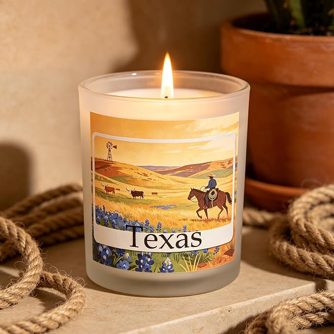 Texas Trail Scented Candle, Leather & Oak & Tobacco, Texas Gifts, Texas Themed Gifts, Texas Gift for Women, Texas Souvenirs, Rustic Decor, 100% Soy Wax, 7OZ