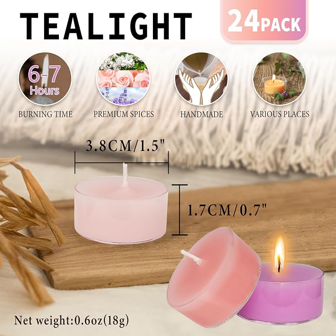 Floral Scented Tealight Candles, Lavender Rose Gardenia Scent Tea Lights Candles Clear Cup, 24 Pack Colored Tealights Candle, 6 Hour Burn Time Tea Candles for Party, Decor, Spa, Shabbat
