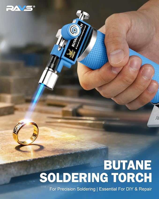 RAVS DUAL Flame Mode Butane Torch, Refillable Kitchen Torch Lighter for Creme Brulee, BBQ, DIY Soldering with Adjustable Flame & Safety Buckle, Metal Body, Blue Soldering Torch, Butane is Not Included