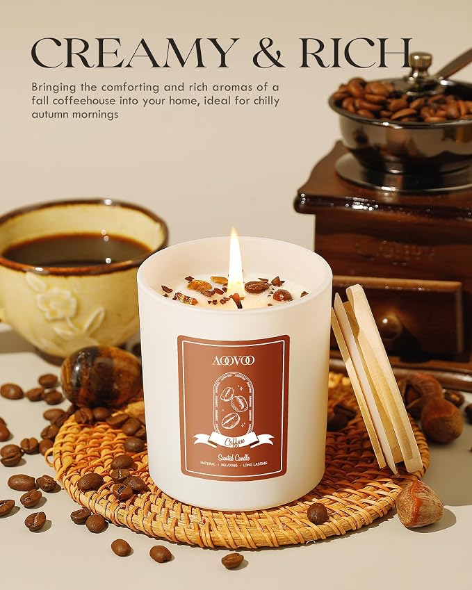 AOOVOO Macchiato Coffee Scented Candles for Women - Aromatherapy Candle with Crystals Inside, 10oz, 60H Burning Time, Soy Candles for Home Scented, Birthday Gifts Valentines Day Candle for Women Mom