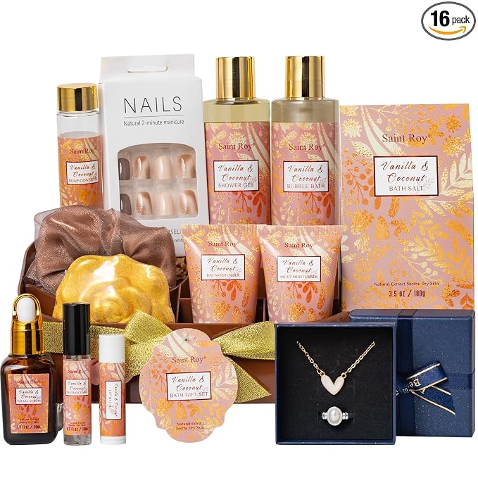 Spa Gift Basket for Women, 16 Pcs Coconut Vanilla Bath and Body Gift Basket Set Face Skin Care Kit Christmas, Valentines Day Gift for Mom, Birthday Gifts for Her, Wife, Mom Makeup Storage
