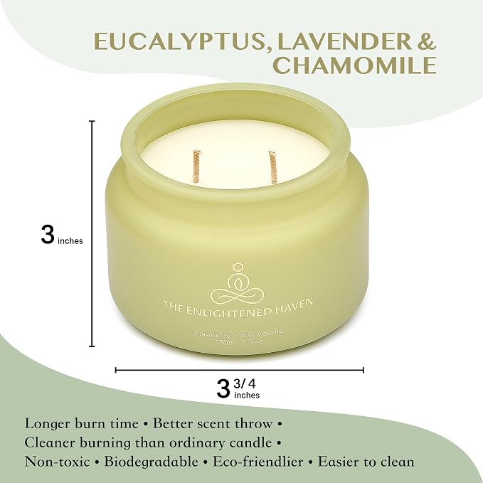 Eucalyptus, Lavender, and Chamomile Meditation and Yoga Candle for Calming, and Stress Relief - 50 Hour Clean Burning Soy Wax - 2-Wick Aromatherapy Relaxation Candle with Guided Materials - 9.5oz