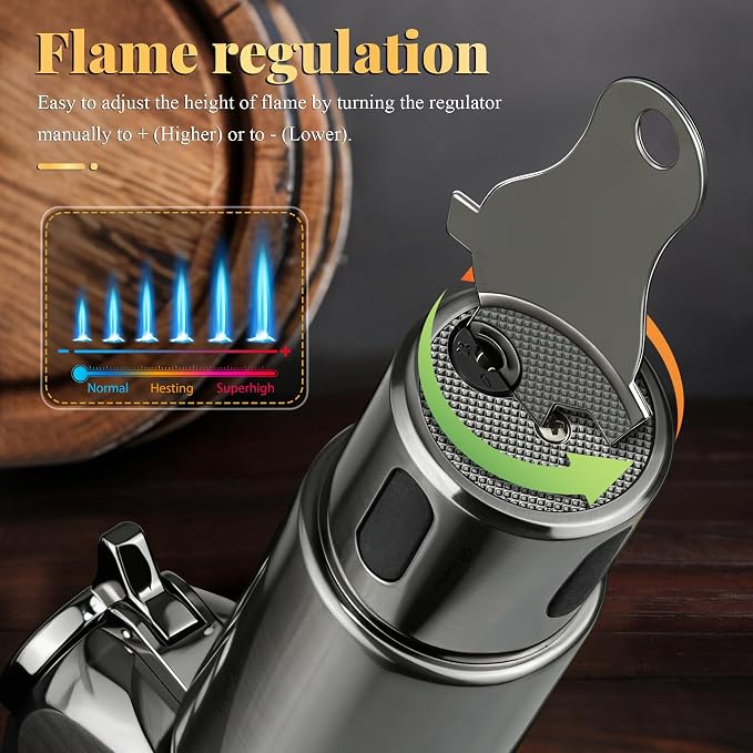 Butane Torch Lighter Build-in Holder, Punch, Windproof Triple Jet Flames Lighters with Safety Lock, Adjustable Flame, Metal Pocket Lighter for Candle, Grill, Men's Gift (NO Gas)