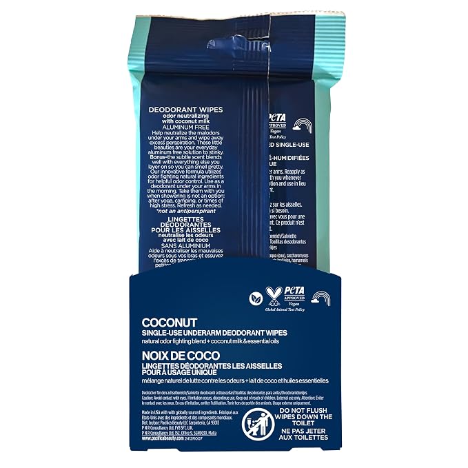 Pacifica Beauty Coconut Milk & Essential Oils Underarm Deodorant Wipes, Helps Remove Odor, Aluminum-Free, Vegan & Cruelty-Free, 30 Wipes (1-Pack)