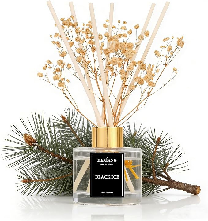 Reed Diffuser Set - 3.38 fl oz Black ice Premium Scented Oil with Preserved Baby's Breath & Cotton 6 Sticks | Long-Lasting Aromatherapy for Home, Bedroom, Bathroom, Office Home Decor