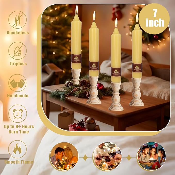 Beeswax Taper Candles 7 inch Beeswax Taper Candlesticks 4 PCS Short Candlesticks Smokeless Tapered Candle for Home Dinner Party Decoration - 8 Hour Burn Time