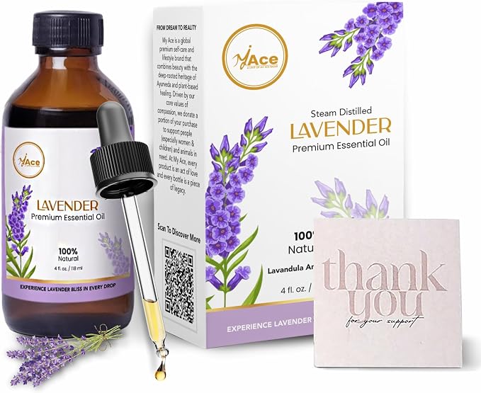 My ACE Lavender Essential Oil 4 Fl Oz - 100% Pure & Natural - Premium Grade for Aromatherapy, Diffuser, Skin, Hair, Massage, Candle & Soap Making, Home - Glass Bottle with Dropper - Long Lasting Scent