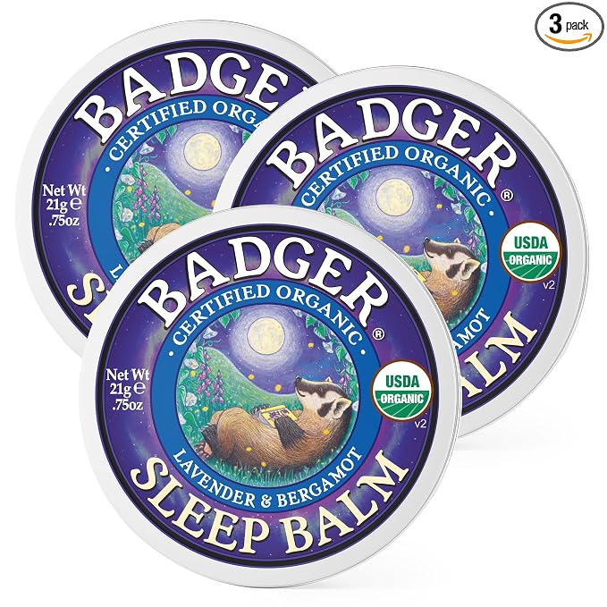 Badger Sleep Balm, Organic Essential Oil Aromatherapy Natural Sleep Balm for Adults & Kids, Relaxing & Calming Lavender & Bergamot Natural Sleep Support, .75 oz Tin, 3-Pack