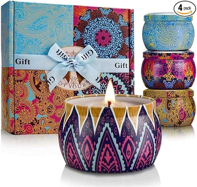 Scented Candles Gift Set for Women, 4 Pack Soy Wax Candles in Classic Bohemian Tins, Aromatherapy Candle Set, Birthday Gifts for Mom, Thank You Gifts