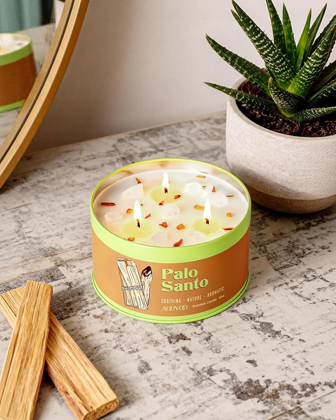 AOOVOO Palo Santo Candle for Meditation & Cleansing - 3 Wick 12oz Scented Candle with White Crystals & Palo Santo Inside, Non-Toxic Soy Candle for Spiritual Healing, Aromatherapy Gift for Women & Men