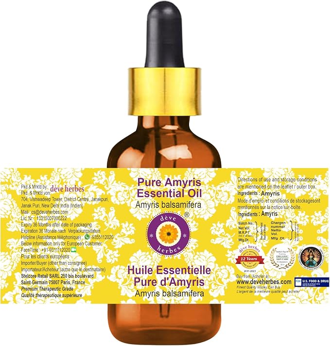 Deve Herbes Pure Amyris Essential Oil (Amyris balsamifera) with Glass Dropper Steam Distilled 10ml (0.33 oz)
