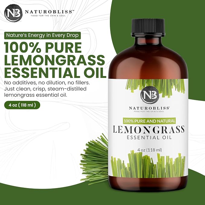 NaturoBliss 100% Pure Lemongrass Essential Oil Therapeutic Grade Premium Quality (4 fl. oz) with Glass Dropper, Perfect for Aromatherapy