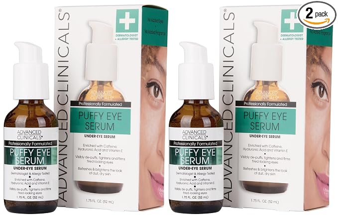 Advanced Clinicals Puffy Eye Under Eye Serum | Visible Anti Aging Brightening Vitamin C + Caffeine Serum Helps Improve Look Of Puffiness, Fine Lines, Dark Circles, & Uneven Skin Tone, 2-Pack