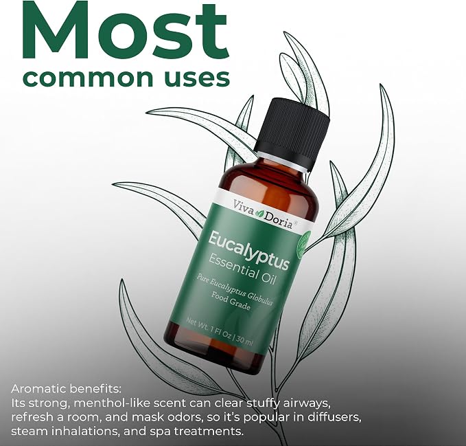 Viva Doria Eucalyptus Essential Oil, 100% Pure, Natural, Essential Globulus Oil, Undiluted, for Aromatherapy | Food Grade, 30 mL (1 Fluid Ounce)