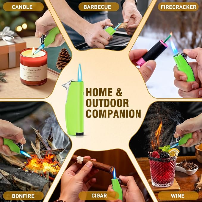 Women's Mini Butane Torch Lighter, Windproof Jet Flame Refillable Adjustable Candle Lighter for BBQ, Camping, Daily Use, Ideal Gift, 2 Pack (Green, Butane Not Included)