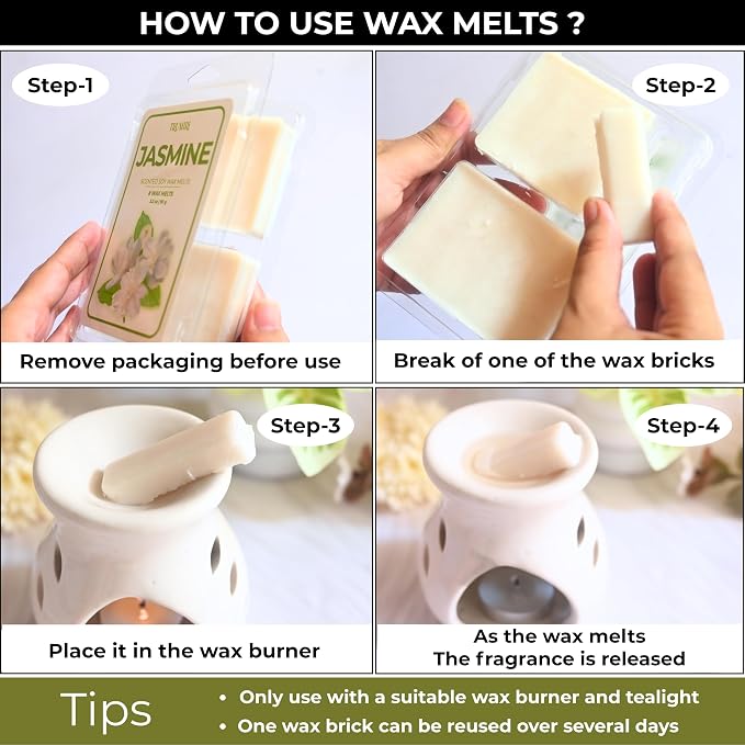 TRUMIRI Jasmine Scented Wax Melts - Made with Non Toxic Soy Wax and Essential Oils - Bulk Pack of 4 Total 32 Wax Melts - Long Lasting Strong Scent Pet Safe Floral Candle Wax Cubes Tarts for Warmers