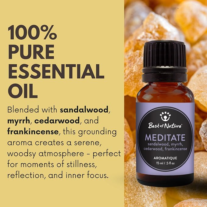 Best of Nature Meditate Essential Oil Blend – Sandalwood, Myrrh, Cedarwood & Frankincense – 100% Pure for Diffuser, Calm & Focus – Grounding Aromatherapy for Daily Rituals