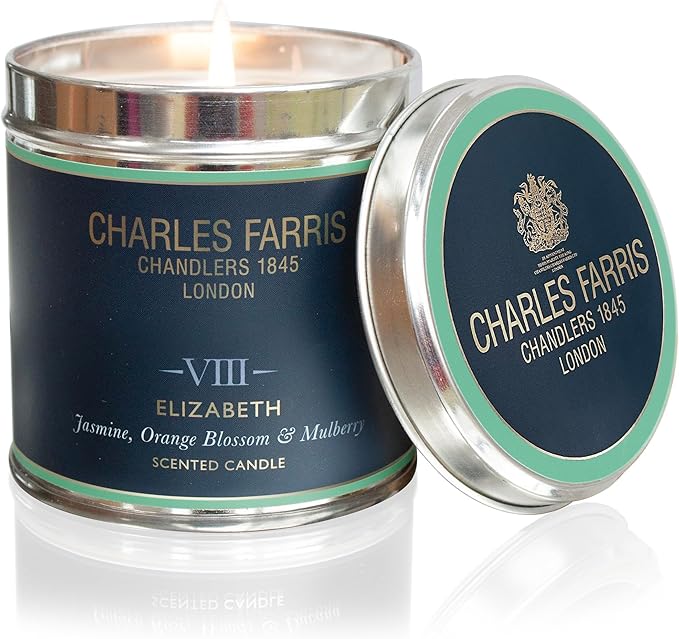 Charles Farris Luxury Scented Candle – Tin, Hand-Poured, Long Lasting, Clean Burning, 300g / 10.5oz, Burns for up to 40 Hours, Made in England – Orange Blossom, Jasmine & Green Mulberry – Elizabeth