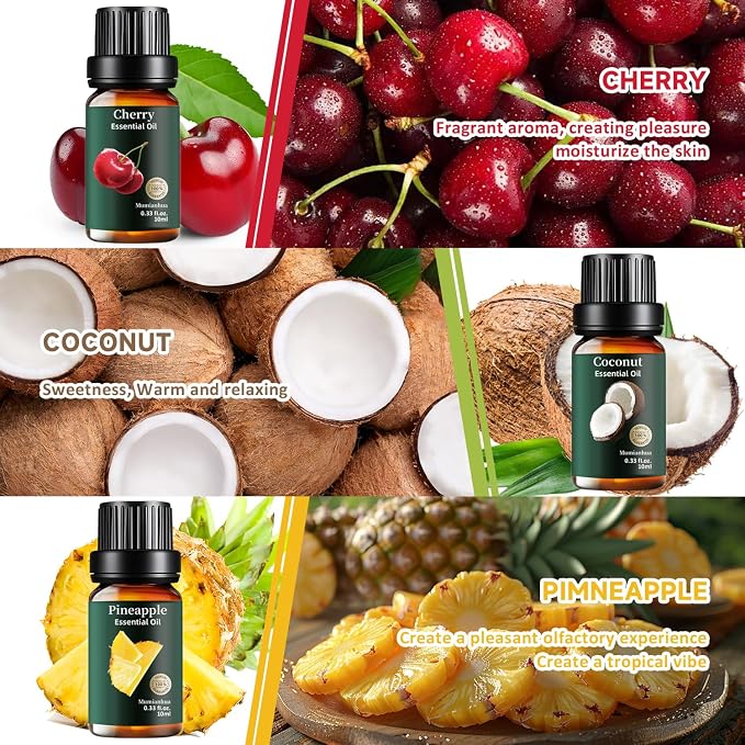 Fruity Essential Oil Set 12x10ml, Pure Lemon Grapefruit Orange Bergamot Pineapple Coconut Mango Pomegranate Blueberry Fig Lychee Cherry, Aromatherapy for Candle & Soap Making, Home Freshener