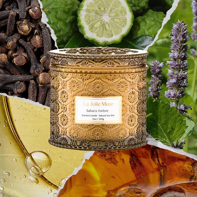 LA JOLIE MUSE Sahara Amber Scented Candles for Home, Natural Soy Wax 2-Wick | Large Jar Luxury Candle, Clean Non Toxic, Gift for Women & Men, Decorative Candles, Pretty Candle, Bergamot, Musk & Patchouli