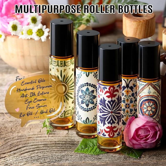 Roller Bottles for Essential Oils Roll On Bottles 5 Pack, 10ml Amber Rollerball Bottle Thick Glass Empty with Oil Perfume Lip Gloss DIY Kits Boho Stickers Leak-Proof Refillable for Travel, Gift