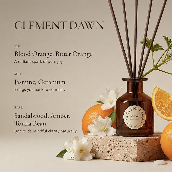 Soréva Luxury Reed Diffuser Set, Uplifting Citrus, Blood Orange & Jasmine, Plant-based Essential Oils, 120-Day Mindful Aromatherapy Home Fragrance for Bathroom & Office, Gift Set, 7 Sticks, 4.39 fl oz