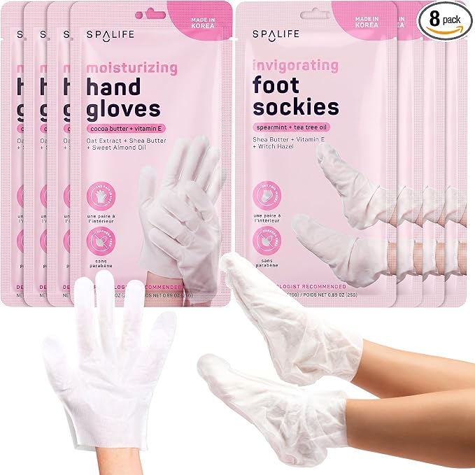 SpaLife Moisturizing Hand Gloves & Foot Mask Socks | Korean Skincare Set for Dry Cracked Hands & Dry Cracked Feet Callus Remover Alternative | Self Care Gifts for Women | 4 Hand, 4 Foot