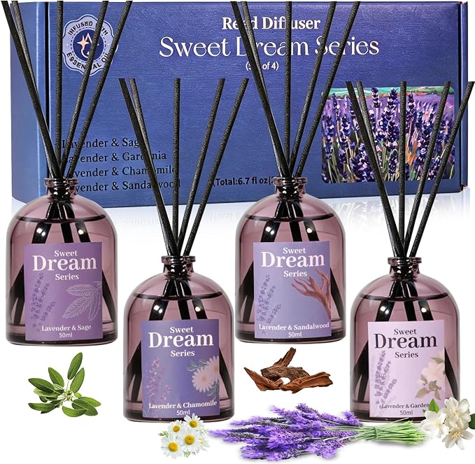 STRN Reed Diffuser Sets, Lavender Scented Oil Diffuser, Fragrance Reed Diffuser with 24 Sticks, 6.8 Fl.oz (200ml), 4 Scents Long-Lasting Air Freshener for Bedroom Bathroom Home Décor