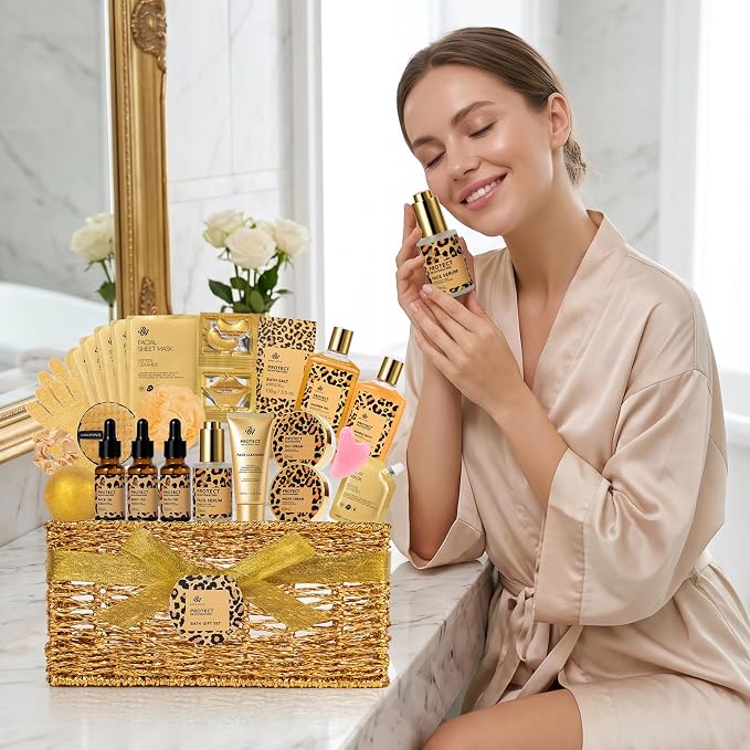 Gifts for Women, Honey Almond 32 Pcs Bath & Body Gift Basket for Women, Hydrating Face Skin Care Kit, Home Spa Basket Gifts Set, Self-Care Relaxation Set, Birthday, Christmas, Valentines, Anniversary