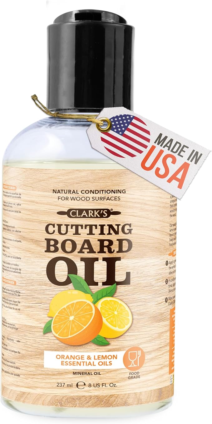 CLARK'S Cutting Board Oil - Food Grade Mineral Oil for Wood Cutting Board - Scented with Orange and Lemon Essential Oils - Butcher Block Conditioner - Restores and Protects Wood - Made in USA, 8oz
