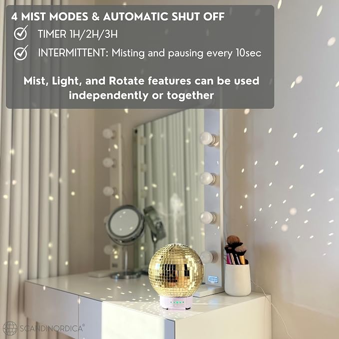 Disco Ball Diffuser Rotating - Essential Oil Diffuser with Whisper Quiet Operation, Cute Scent Diffusers for Home, Ball Decor, Fun Aromatherapy for Medium Room - Gold