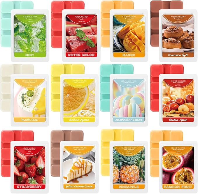STRN Scented Wax Melts, Soy Wax Cubes Fruit & Food Strong Long-Lasting Summer Fragrances 12 Assorted Scents, Lemon, Mango, Mint, Bedroom, for Living Room, Office, 12 * 1.25 oz