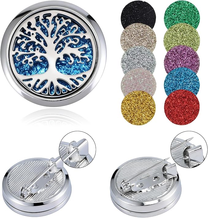 Essential Oil Diffuser Brooch, Aromatherapy Locket Brooch with 10 Pcs Refill Pads for Men Women (Tree of Life)