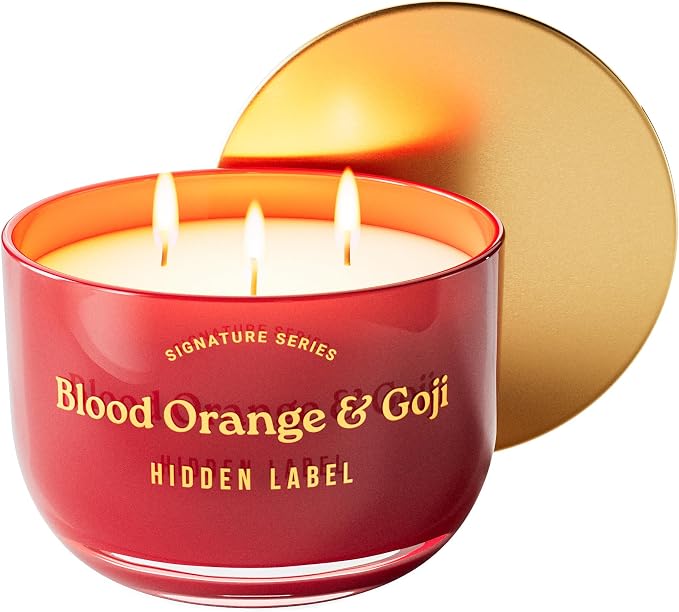 Hidden Label Blood Orange & Goji Scented Candles, 3 Wick Aromatherapy Candle for Home Scented, 18oz/70-Hour Burn Time, 100% Natural Soy Candle Non Toxic, Luxury Home Décor for Women and Men Gifts