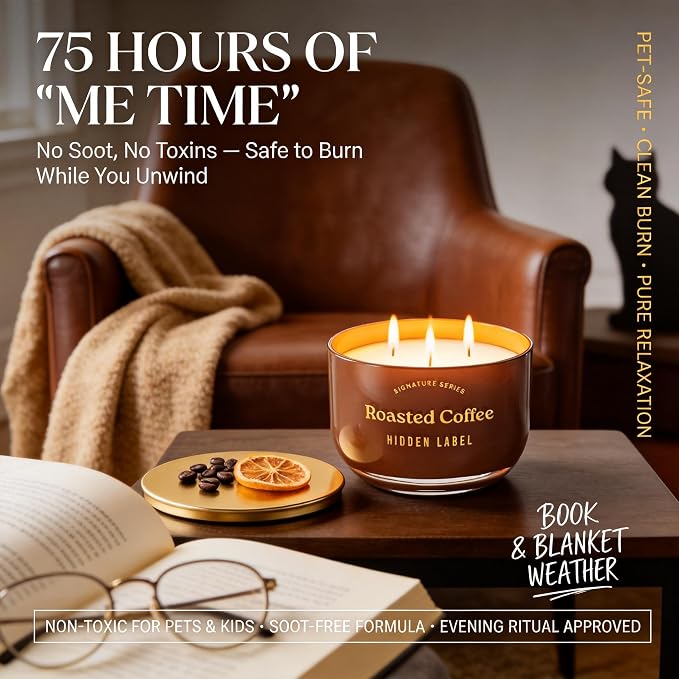 Roasted Coffee Scented Candle, 18oz Natural Soy Wax Non Toxic, 3-Wick Large Candles for Home, 75 Hours Burn Time, Strong Cold & Hot Throw, Coffee Lover Gift, Kitchen & Office, Long Lasting Aroma