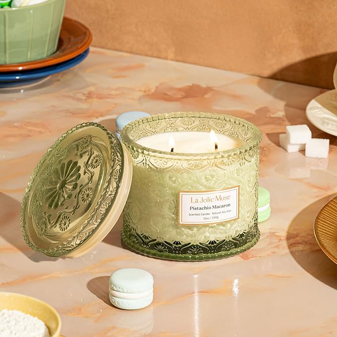 LA JOLIE MUSE Pistachio Macaron Scented Candles for Home, Soy Wax, 2-Wick | Large Jar Luxury Candles, Clean Non Toxic, Gift for Women & Men, Decorative Gourmand Candle, Pretty Candle, Vanilla Milk,12oz