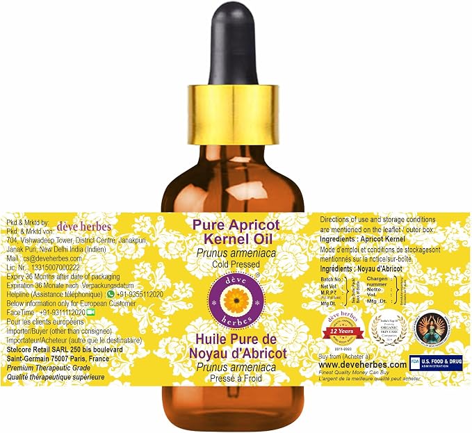 dève herbes Apricot Kernel Oil (Prunus armeniaca) with Glass Dropper | Cold Pressed | Pure | Natural | For Diluting Essential oils | Skin & Massage | Non-Sticky | Lightweight | Unisex | 10ml (0.33 oz)